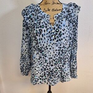LOFT Womens Size Large Blue Animal Print Smocked Blouse Ruffles Long Puff Sleeve